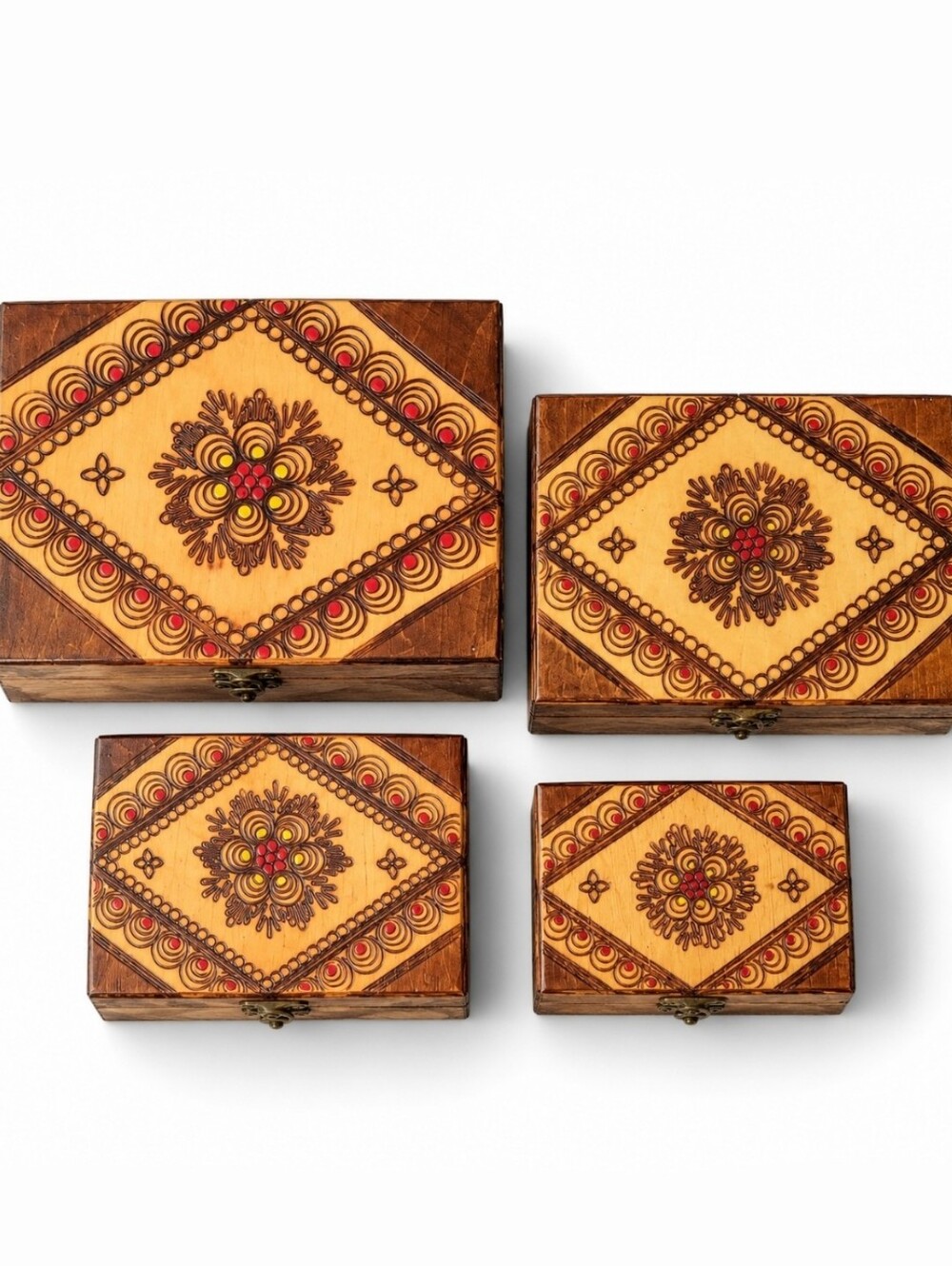 Vintage Polish Folk Art Pyrography Wooden Nesting Boxes Set Of 4